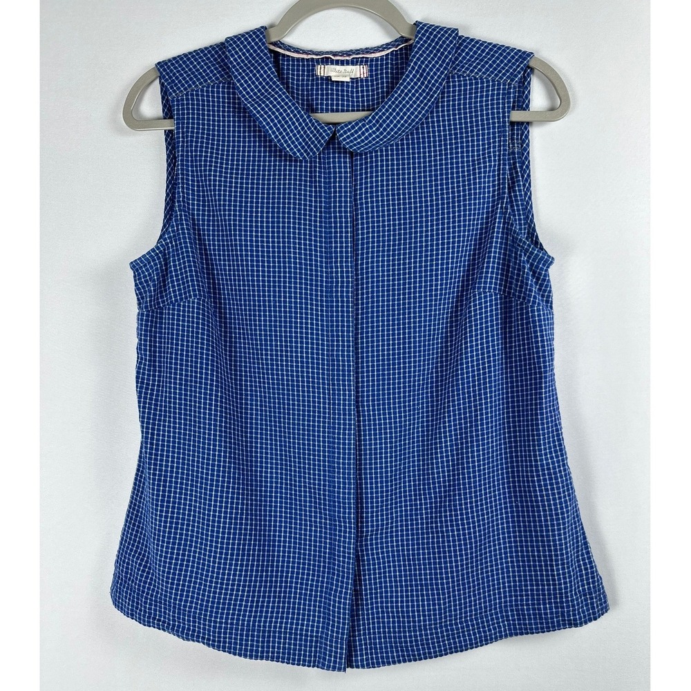 White Stuff Sleeveless Blouse Size 6 Blue Gingham Peter Pan Collar Preppy Twee